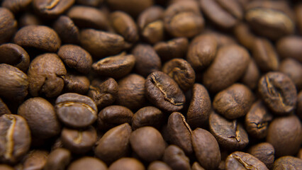 Close up macro coffee beans detailed roasted grains texture bokeh