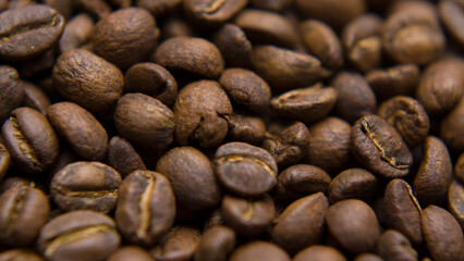 Close up macro coffee beans detailed roasted grains texture bokeh