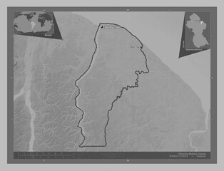 Demerara-Mahaica, Guyana. Grayscale. Labelled points of cities