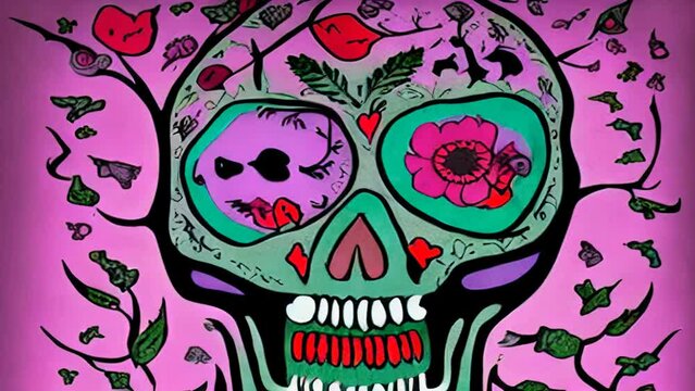 Generative AI colorful animation of graffiti painting of mexican skulls. Digital image painted illustration of Halloween videoloop cubist style with markers.
