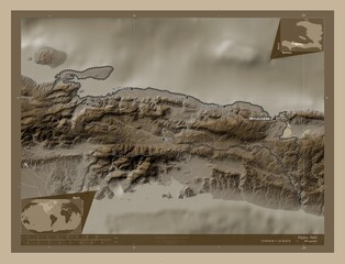 Nippes, Haiti. Sepia. Labelled points of cities