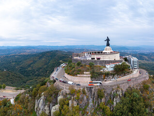 Aerial: panorama view of Cristo Rey monument and landscape in Guanajuato. Drone view
