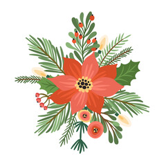 Christmas and Happy New Year flower arrangement. Christmas tree, flowers, berries. Isolated illustration.