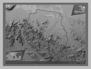 Nord-Est, Haiti. Grayscale. Labelled points of cities