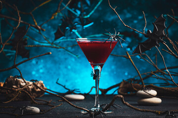 Halloween alcoholic cocktail bloody martini on scary dark blue background with twisted branches, bats, stones, pumpkin guards and spiders, festive drink for party