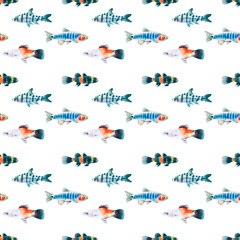 Watercolor white aquarium fishes seamless pattern illustration, colorful animal, sea, lake clipart, Nautical, ocean drawing, nursery hand-painted fish design, fabric,gift wrap,scrapbooking,wallpaper