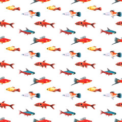 Watercolor white aquarium fishes seamless pattern illustration, colorful animal, sea, lake clipart, Nautical, ocean drawing, nursery hand-painted fish design, fabric,gift wrap,scrapbooking,wallpaper