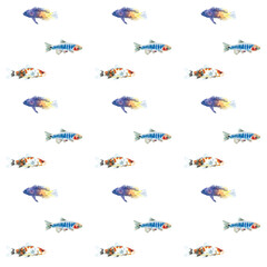 Watercolor white aquarium fishes seamless pattern illustration, colorful animal, sea, lake clipart, Nautical, ocean drawing, nursery hand-painted fish design, fabric,gift wrap,scrapbooking,wallpaper