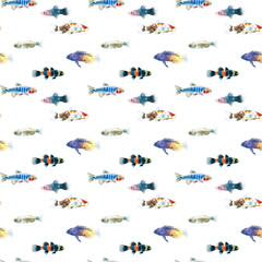 Watercolor white aquarium fishes seamless pattern illustration, colorful animal, sea, lake clipart, Nautical, ocean drawing, nursery hand-painted fish design, fabric,gift wrap,scrapbooking,wallpaper