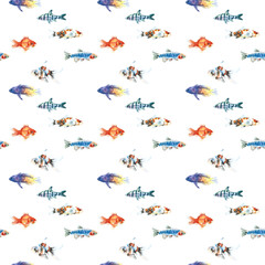 Watercolor white aquarium fishes seamless pattern illustration, colorful animal, sea, lake clipart, Nautical, ocean drawing, nursery hand-painted fish design, fabric,gift wrap,scrapbooking,wallpaper