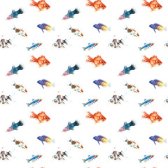 Watercolor white aquarium fishes seamless pattern illustration, colorful animal, sea, lake clipart, Nautical, ocean drawing, nursery hand-painted fish design, fabric,gift wrap,scrapbooking,wallpaper