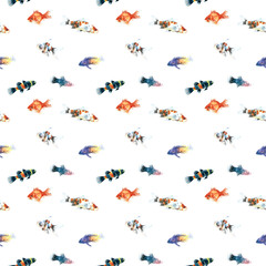 Watercolor white aquarium fishes seamless pattern illustration, colorful animal, sea, lake clipart, Nautical, ocean drawing, nursery hand-painted fish design, fabric,gift wrap,scrapbooking,wallpaper