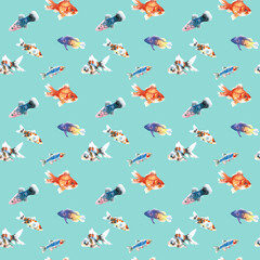 Naklejka na ściany i meble Watercolor blue turquoise aquarium fishes seamless pattern illustration, colorful animal, sea, lake. Nautical, ocean drawing, nursery hand-painted fish design, fabric,gift wrap,scrapbooking,wallpaper
