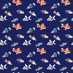 Watercolor blue aquarium fishes seamless pattern illustration, colorful animal, sea, lake clipart, Nautical, ocean drawing, nursery hand-painted fish design, fabric,gift wrap,scrapbooking,wallpaper
