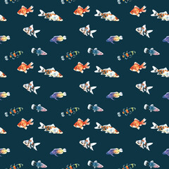Watercolor blue aquarium fishes seamless pattern illustration, colorful animal, sea, lake clipart, Nautical, ocean drawing, nursery hand-painted fish design, fabric,gift wrap,scrapbooking,wallpaper