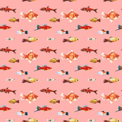 Watercolor pink aquarium fishes seamless pattern illustration, colorful animal, sea, lake clipart, Nautical, ocean drawing, nursery hand-painted fish design, fabric,gift wrap,scrapbooking,wallpaper