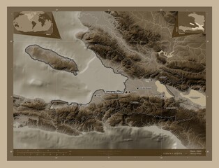 Ouest, Haiti. Sepia. Labelled points of cities