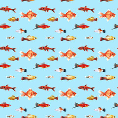 Watercolor blue aquarium fishes seamless pattern illustration, colorful animal, sea, lake clipart, Nautical, ocean drawing, nursery hand-painted fish design, fabric,gift wrap,scrapbooking,wallpaper