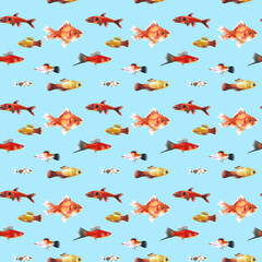 Fototapeta premium Watercolor blue aquarium fishes seamless pattern illustration, colorful animal, sea, lake clipart, Nautical, ocean drawing, nursery hand-painted fish design, fabric,gift wrap,scrapbooking,wallpaper