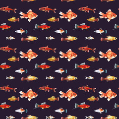 Watercolor brown aquarium fishes seamless pattern illustration, colorful animal, sea, lake clipart, Nautical, ocean drawing, nursery hand-painted fish design, fabric,gift wrap,scrapbooking,wallpaper