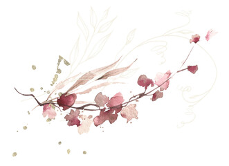 Watercolor floral arrangement on white. Pink, beige, brown, golden textured autumn wild branches, leaves and twigs.