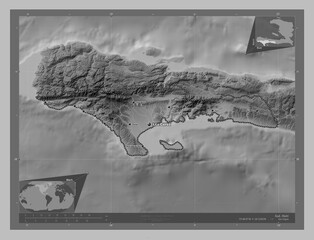 Sud, Haiti. Grayscale. Labelled points of cities