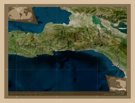 Sud-Est, Haiti. Low-res satellite. Labelled points of cities
