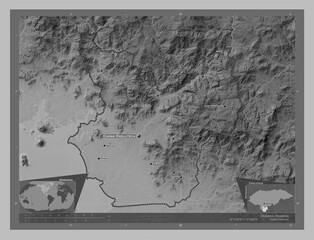 Choluteca, Honduras. Grayscale. Labelled points of cities
