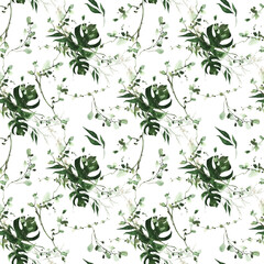 Watercolor painted tropic floral seamless pattern. Green exotic monstera leaves, palm branches on white background.