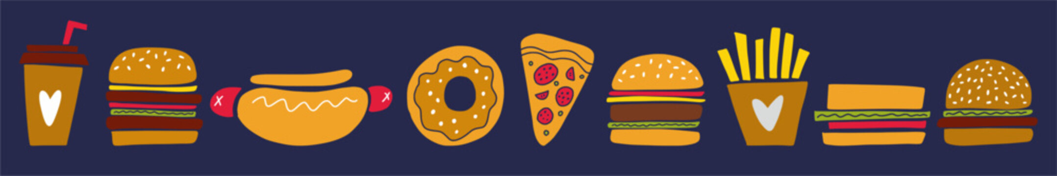 Vector collection of fast food. Hamburger, pizza, coffee and other fast food drawn in a doodle style.