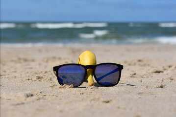Banana with sunglasses relaxes on a beach