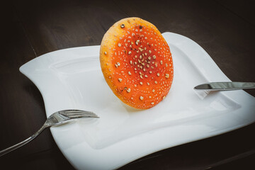 right red toadstool lies on a plate