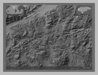 Copan, Honduras. Grayscale. Labelled points of cities