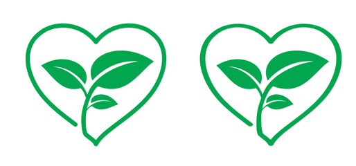 Cartoon flouwer, plant with love, heart symbol. For eco, eco, vegan, herbal or nature care concept. Leaves and green hearts icon. Heart leaf or healthy heart logo.