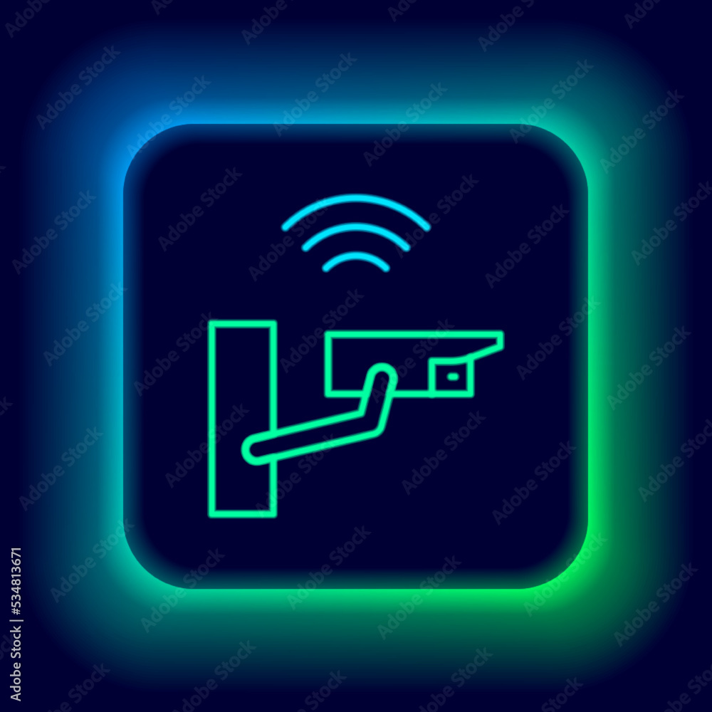Poster glowing neon line smart security camera icon isolated on black background. internet of things concep