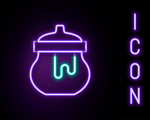 Glowing neon line Jar of honey icon isolated on black background. Food bank. Sweet natural food symbol. Colorful outline concept. Vector