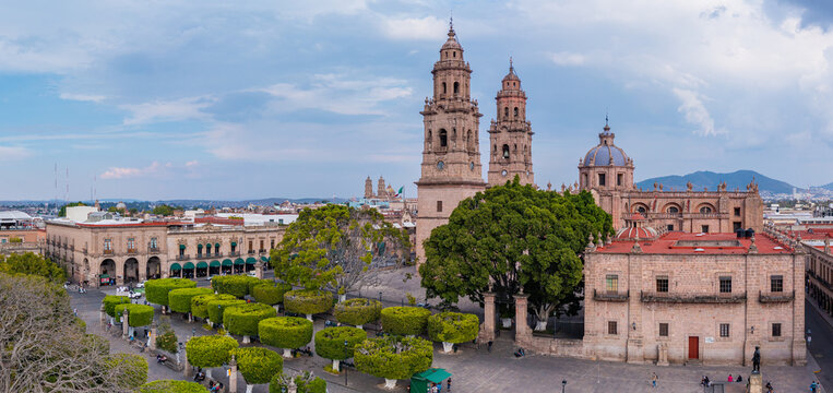 Aerial: panorama view of the landscape and cityscape in Morelia, Mexico. Drone view
