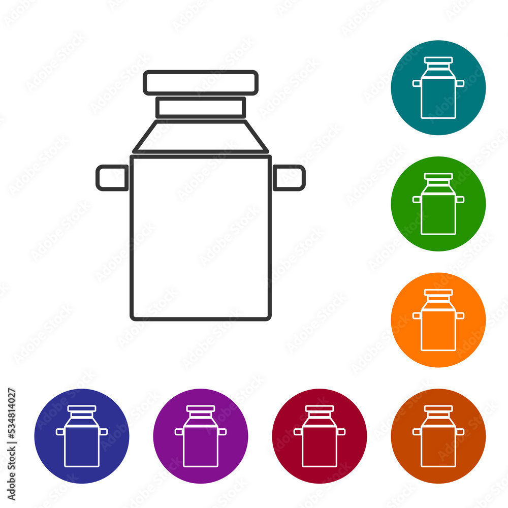 Poster black line can container for milk icon isolated on white background. set icons in color circle butto