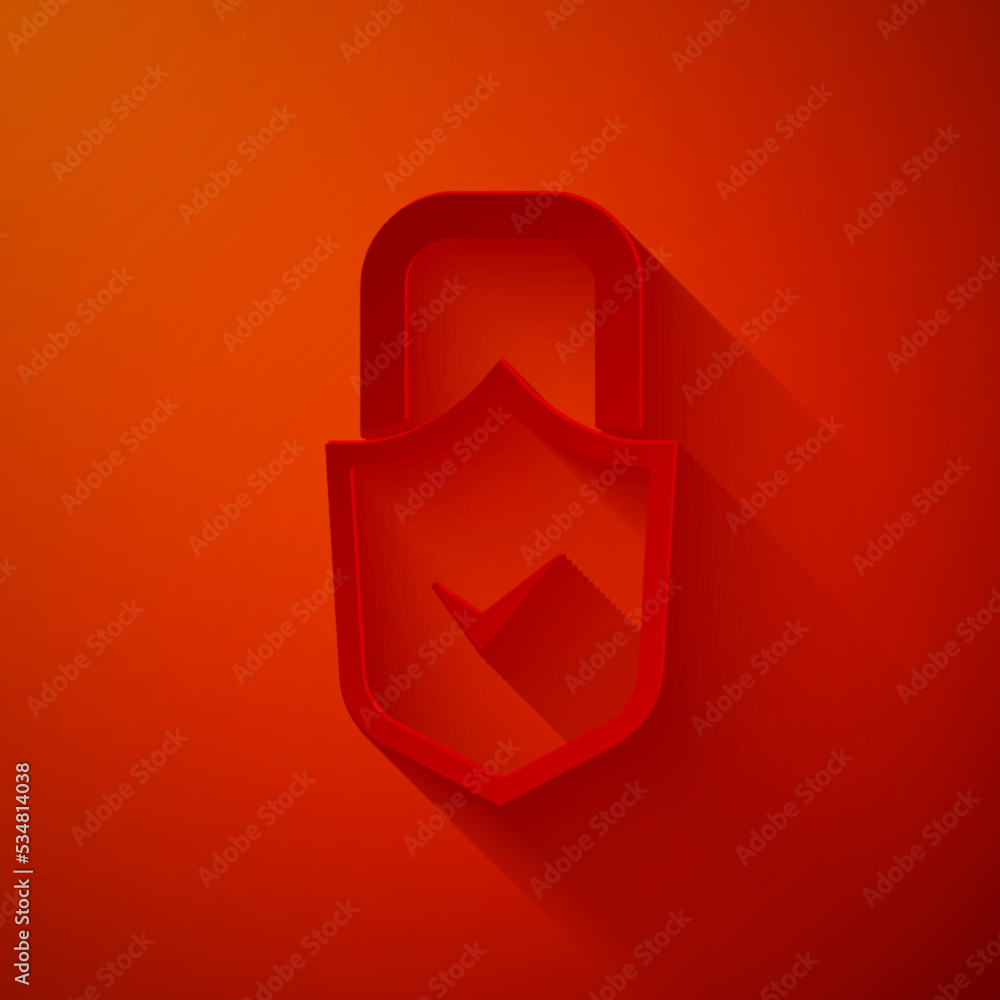 Poster paper cut open padlock and check mark icon isolated on red background. cyber security concept. digit