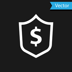 White Shield with dollar symbol icon isolated on black background. Security shield protection. Money security concept. Vector