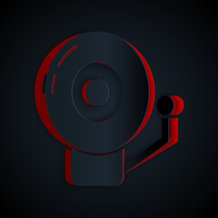 Paper cut Ringing alarm bell icon isolated on black background. Alarm symbol, service bell, handbell sign, notification symbol. Paper art style. Vector