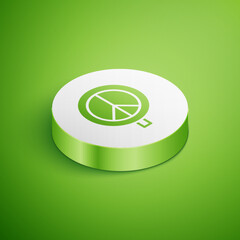 Isometric Peace icon isolated on green background. Hippie symbol of peace. White circle button. Vector