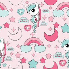 Seamless pattern with unicorns, rainbow,  and other elements.Vector background with stickers, pins, patches in cartoon 80s-90s comic style.