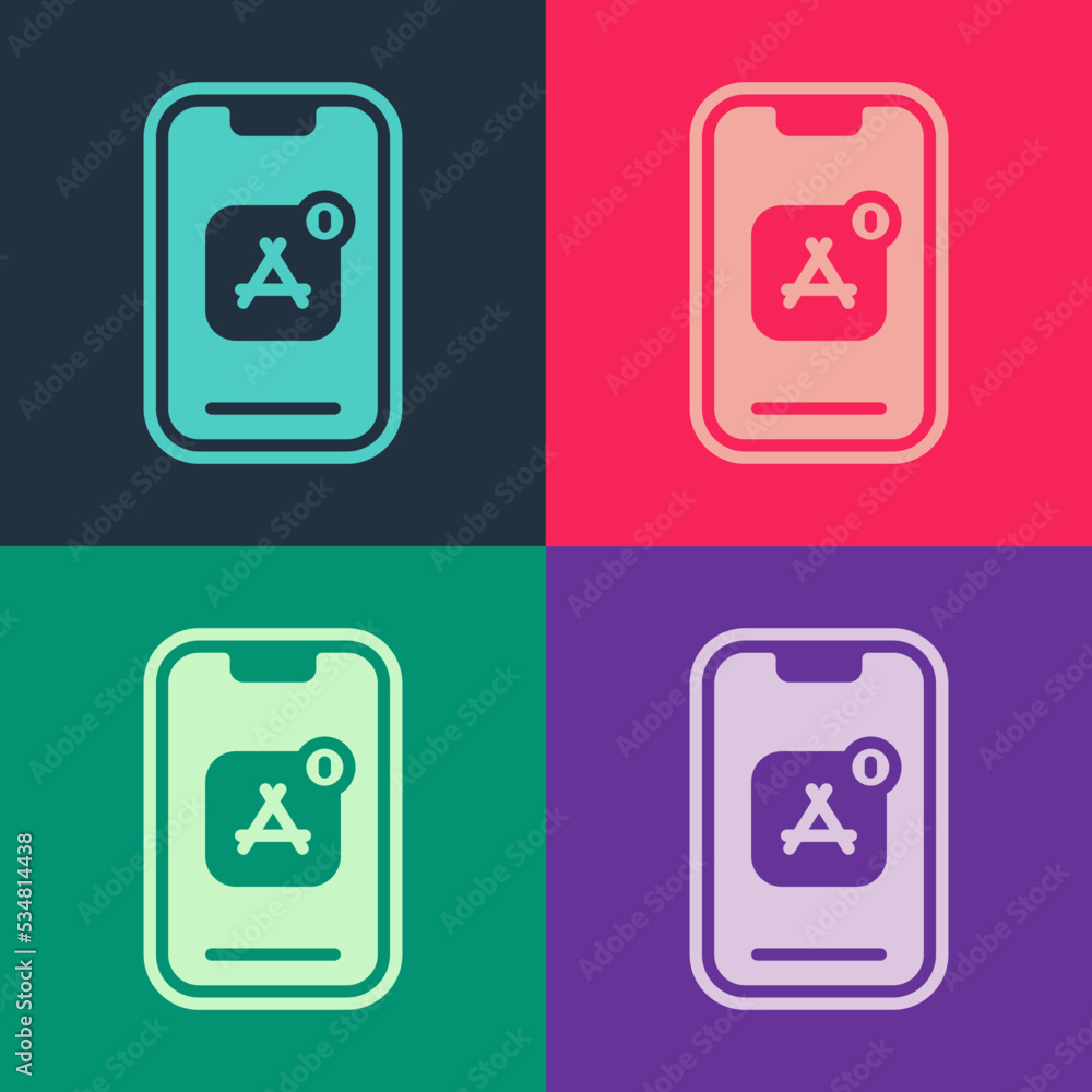 Poster pop art mobile apps icon isolated on color background. smartphone with screen icons, applications. m