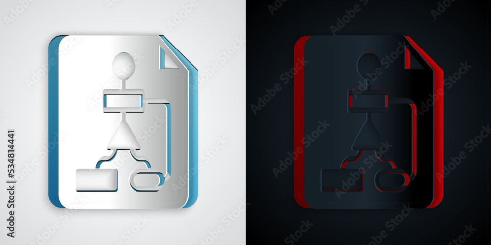 Poster paper cut tile flowchart for program design or process management plan icon isolated on grey and bla