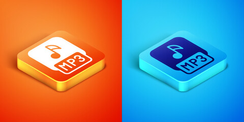 Isometric MP3 file document. Download mp3 button icon isolated on orange and blue background. Mp3 music format sign. MP3 file symbol. Vector