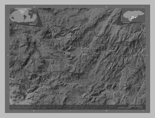 El Paraiso, Honduras. Grayscale. Labelled points of cities