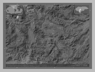 Francisco Morazan, Honduras. Grayscale. Labelled points of cities