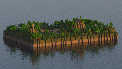 Low Poly island in ocean, Minecraft style in 8K, sunset