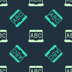 Green and beige E-learning of different foreign languages icon isolated seamless pattern on blue background. Vector
